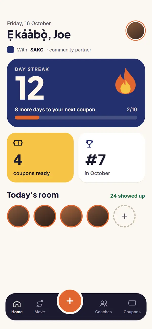 SAKG home screen with a 12-day streak, 4 coupons ready and today’s room